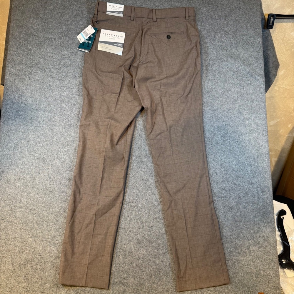 Perry Ellis Portfolio Essentials Slim Fit Tan Windowpane Dress Pants 31x32 NEW - Picture 7 of 10